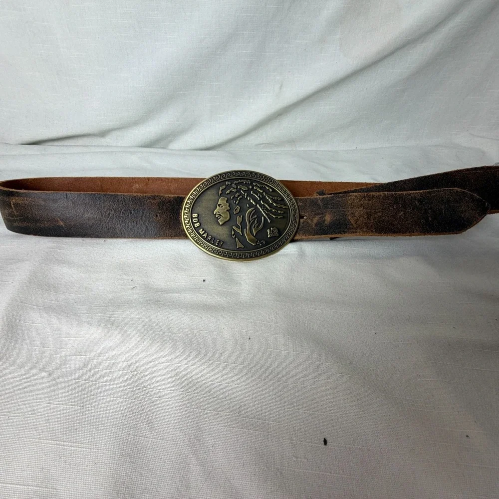 Vintage Bob Marley Medallion Buckle Brown Leather Belt – Reggae Statement Style
